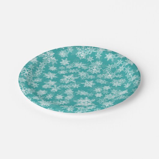 ターコイズブルーと白の雪の結晶の冬の不思議な世界ホリデーシーズン ペーパープレート (アングル)