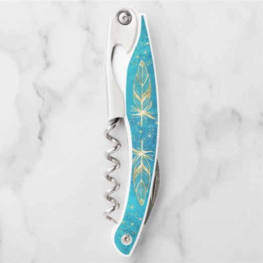 ターコイズブルーと金ゴールドの羽と星 ソムリエナイフ (正面)