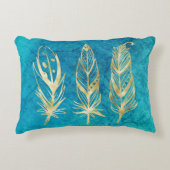 ターコイズブルーと金ゴールドの羽 アクセントクッション (正面)