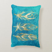 ターコイズブルーと金ゴールドの羽 アクセントクッション (裏面(縦))
