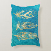 ターコイズブルーと金ゴールドの羽 アクセントクッション (正面(垂直))