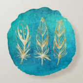 ターコイズブルーと金ゴールドの羽 ラウンドクッション (裏面)