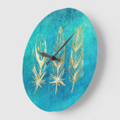 ターコイズブルーと金ゴールドの羽 ラージ壁時計 (傾斜)