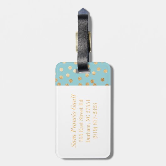 ターコイズブルーと金ゴールドグリッターシティドットモノグラム ラゲッジタグ (裏面縦)