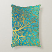 ターコイズブルーと金ゴールドツリー アクセントクッション (正面(垂直))