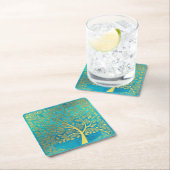 ターコイズブルーと金ゴールドツリー スクエアペーパーコースター (インサイチュ)