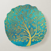 ターコイズブルーと金ゴールドツリー ラウンドクッション (裏面)