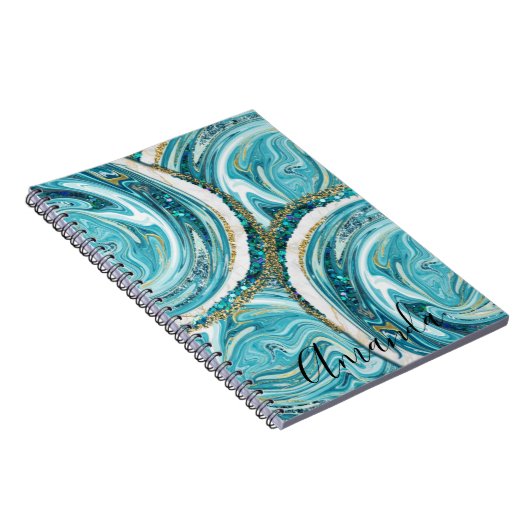 ターコイズブルーと金ゴールドマーブル抽象芸術モノグラム ノートブック (右側)