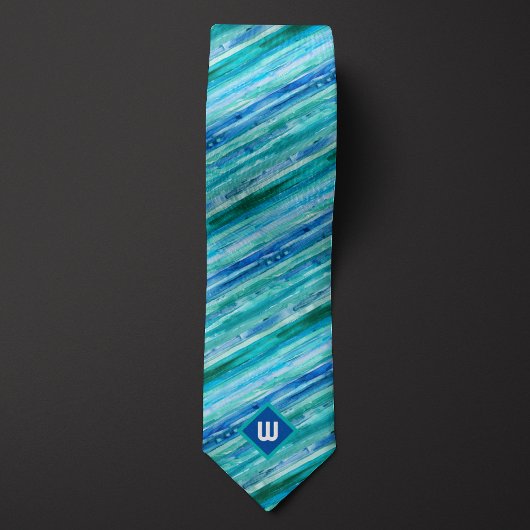 ターコイズブルーと青の水彩ストライプ ネクタイ