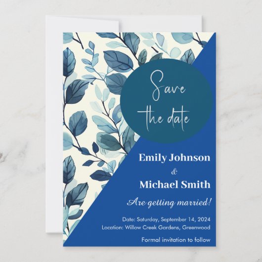 ターコイズブルーと青の色彩スタイルの花柄デザイン 招待状 (正面)