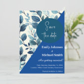 ターコイズブルーと青の色彩スタイルの花柄デザイン 招待状 (スタンド正面)