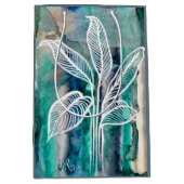 ターコイズブルーと青緑のモダンな植物水彩画 ミディアムペーパーバッグ (正面)