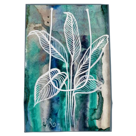 ターコイズブルーと青緑のモダンな植物水彩画 ミディアムペーパーバッグ (裏面)