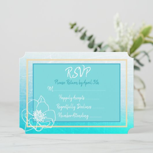 ターコイズブルーと青緑色の白い花の結婚式出欠確認 招待状 (スタンド正面)