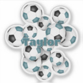 ターコイズブルーと黒のサッカーボールのステッカー(名前入り) シール (正面)