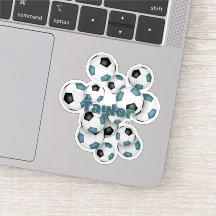 ターコイズブルーと黒のサッカーボールのステッカー（名前入り）
