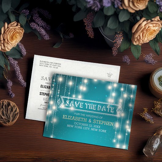 ターコイズブルーのおしゃれなストリングライト ウェディング セーブ・ザ・デート 案内ポストカード