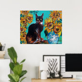 ターコイズブルーのひまわりと黒猫 ポスター (ホームオフィス)