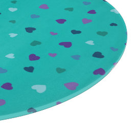 ターコイズブルーのまな板に紫と青と水色のかわいいハート カッティングボード