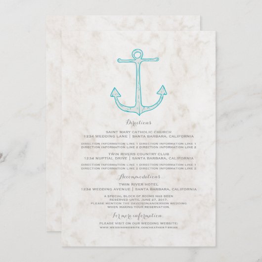 ターコイズブルーのアンカー ウェディングインフォメーション 招待状 (正面/裏面)