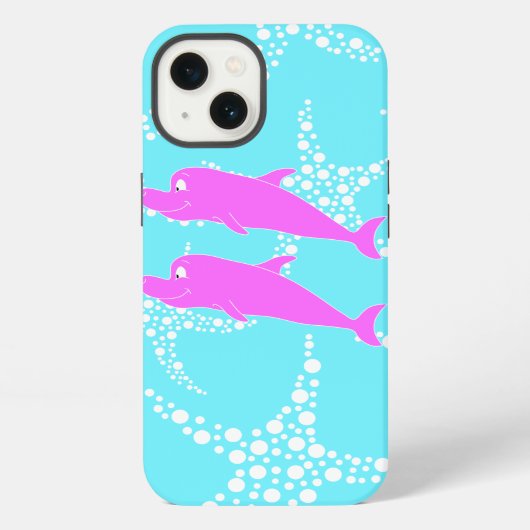 ターコイズブルーのイルカ柄 iPhoneケース (裏面)