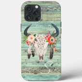 ターコイズブルーのウエスタンな牛の頭蓋骨のモノグラムデザイン Case-Mate iPhoneケース (裏面)
