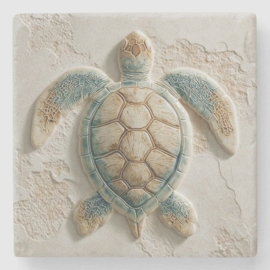 ターコイズブルーのウミガメの海岸アート ストーンコースター (正面)