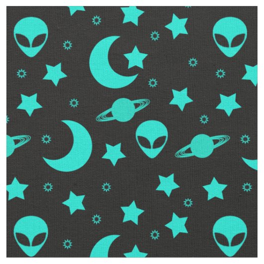 ターコイズブルーのエイリアンパターン 星と月 ファブリック (クローズアップ)