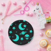 ターコイズブルーのエイリアンパターン 星と月 ペーパープレート (パーティー)