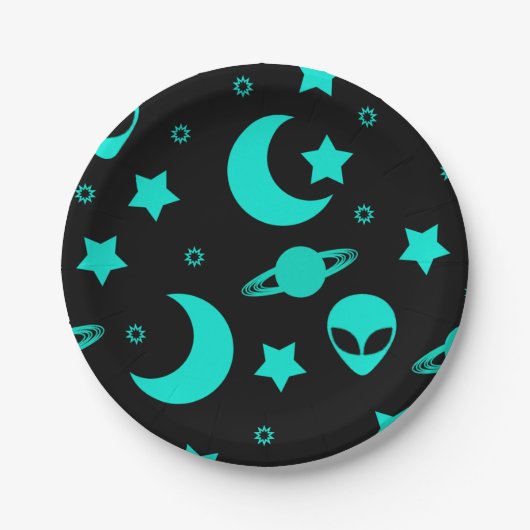 ターコイズブルーのエイリアンパターン 星と月 ペーパープレート (正面)