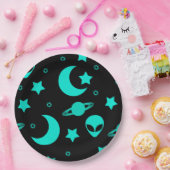 ターコイズブルーのエイリアンパターン 星と月 ペーパープレート (パーティー)