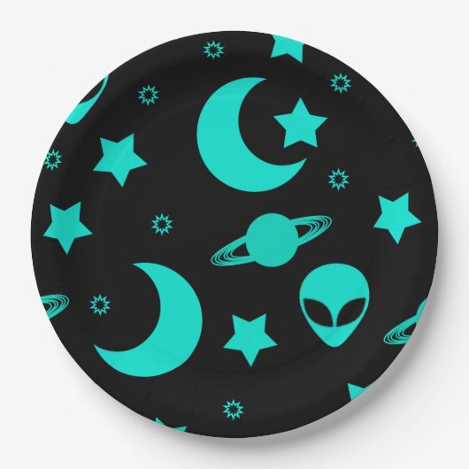 ターコイズブルーのエイリアンパターン 星と月 ペーパープレート (正面)