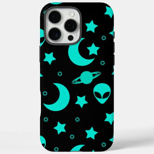 ターコイズブルーのエイリアンパターン 星と月 Case-Mate iPhoneケース (裏面)