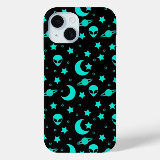 ターコイズブルーのエイリアンパターン 星と月 Case-Mate iPhoneケース (裏面)