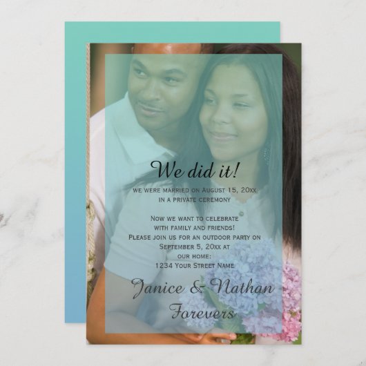 ターコイズブルーのオンブルオーバーレイ写真受付のみ 招待状 (正面/裏面)