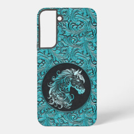 ターコイズブルーのカウガールの花柄の型押し革の馬の顔 SAMSUNG GALAXY S22+ケース