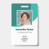 ターコイズブルーのカスタム社員証 - 写真、ロゴ、バーコード、名前 バッジ (正面)
