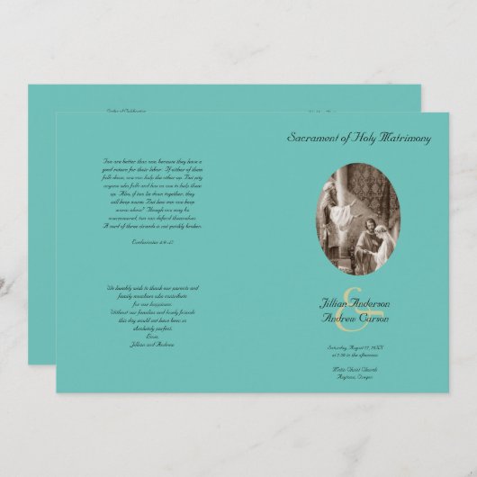ターコイズブルーのカトリック折り式結婚式プログラムテンプレート 招待状 (正面/裏面)