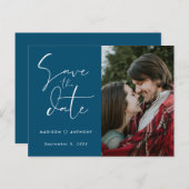 ターコイズブルーのカリグラフィーで「Save the Date」 ウェディングフォト インビテーションポストカード (正面/裏面)