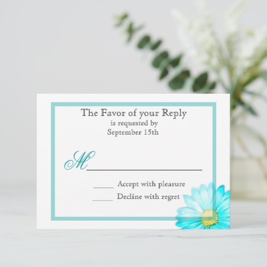 ターコイズブルーのガーベラダイシーのシンプルな結婚式招待状 出欠カード (スタンド正面)