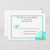 ターコイズブルーのガーベラダイシーのシンプルな結婚式招待状 出欠カード (正面/裏面)
