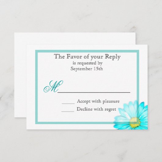 ターコイズブルーのガーベラダイシーのシンプルな結婚式招待状 出欠カード (正面/裏面)