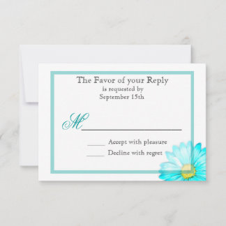 ターコイズブルーのガーベラダイシーのシンプルな結婚式招待状 出欠カード