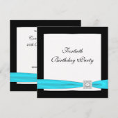 ターコイズブルーのクラシックなブラック 40歳の誕生日パーティー 招待状 (正面/裏面)