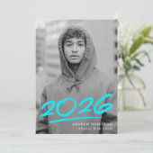 ターコイズブルーのクラスオブ2026写真卒業式 案内状 (スタンド正面)