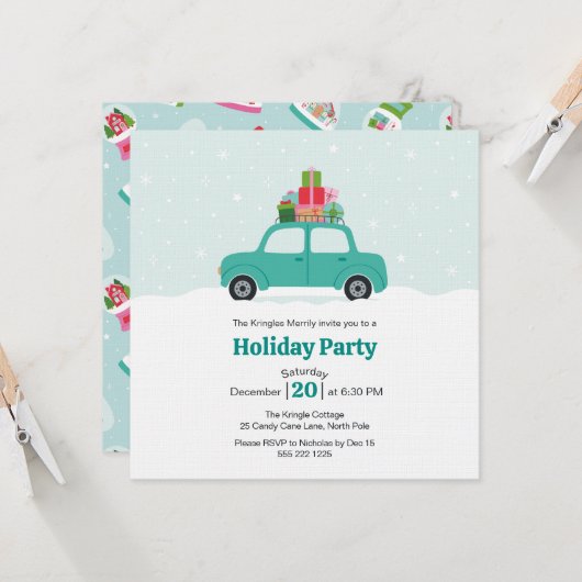 ターコイズブルーのクリスマスプレゼントが乗ったファンタジーな車 招待状 (正面/裏面インサイチュ)
