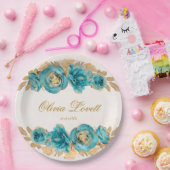 ターコイズブルーのクリーミーなゴールドの水彩花のブライダルシャワー ペーパープレート (パーティー)