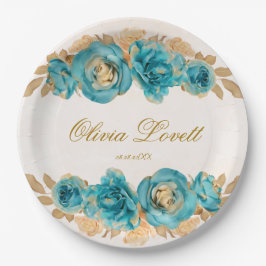 ターコイズブルーのクリーミーなゴールドの水彩花のブライダルシャワー ペーパープレート