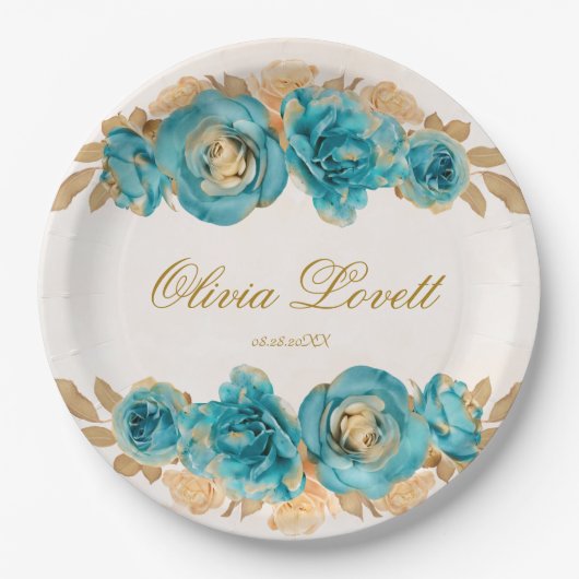ターコイズブルーのクリーミーなゴールドの水彩花のブライダルシャワー ペーパープレート (正面)