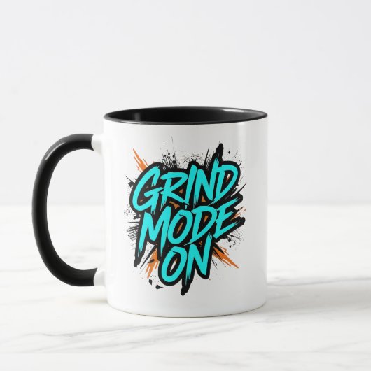ターコイズブルーのグラフィティ風「Grind Mode On」 マグカップ (左)